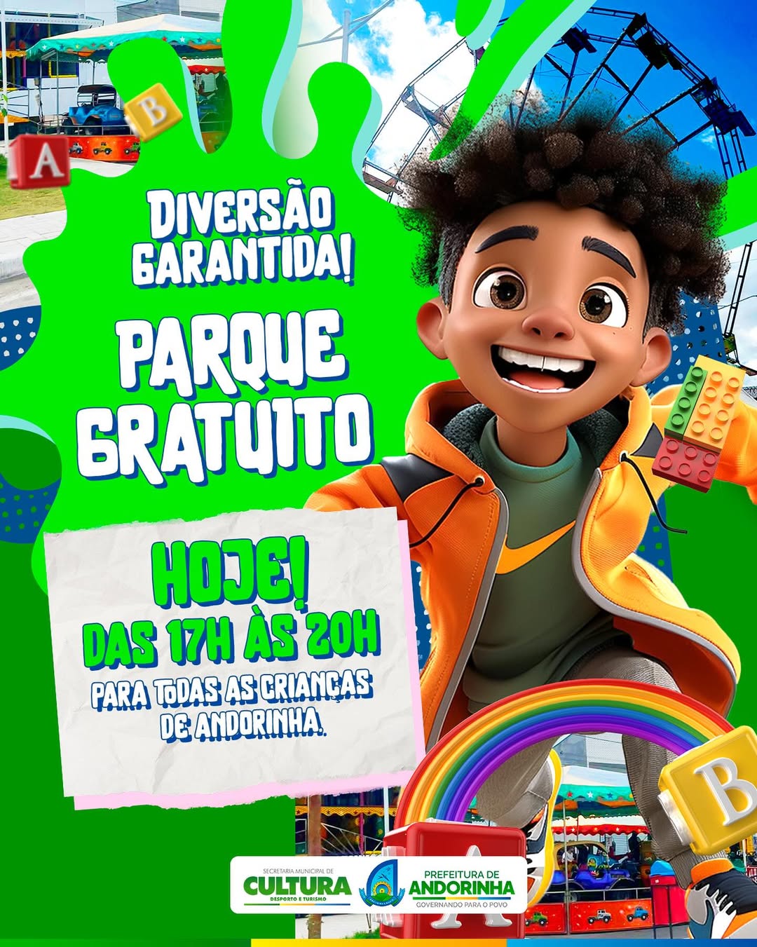 A Prefeitura Municipal de Andorinha informa que hoje, 03 de julho, o parque de diversões estará liberado gratuitamente para todas as crianças, das 17h às 20h!